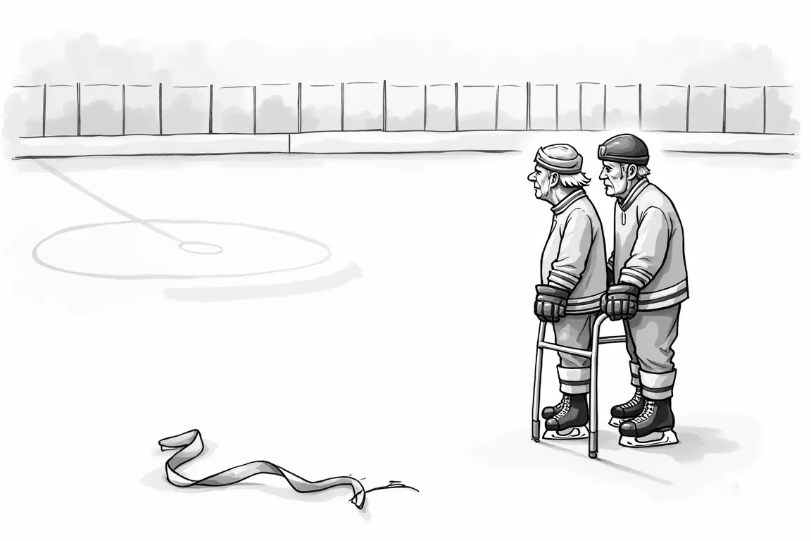 Ink cartoon: an elderly couple in full hockey gear, leaning on a walker, wait at the edge of pristine ice on opening day, a cut ribbon on the ice.