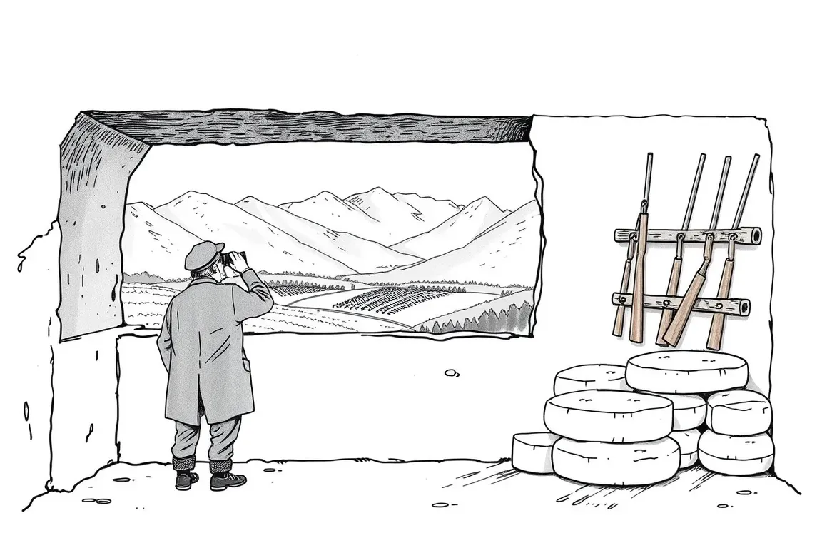 Satirical ink cartoon: inside a mountain bunker, an old farmer in a coat and cap scans the valley and vineyards through binoculars at the firing slit. Beside him, raclette scrapers stand in a rack like rifles, and wheels of cheese are stacked like sandbags.