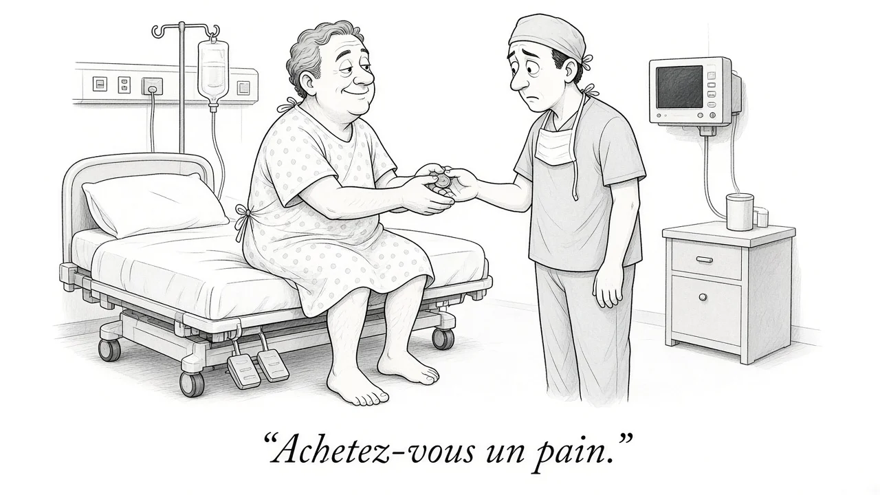 Satirical ink cartoon: a smug patient in a hospital gown on a bed presses a coin into a bewildered surgeon's hand.