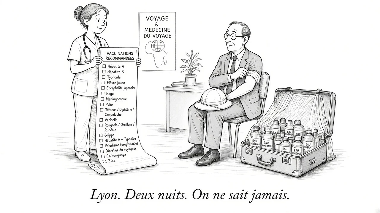 Satirical ink cartoon: a nurse holds a very long vaccination list while a man in a suit and pith helmet rolls up his sleeve, next to a suitcase full of mineral water bottles and a mosquito net.