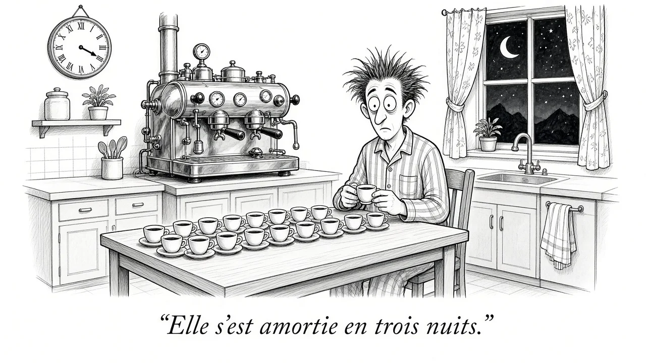 Satirical ink cartoon: a wild-eyed man in pyjamas at 4am stands before rows of espresso cups and a huge chrome espresso machine.