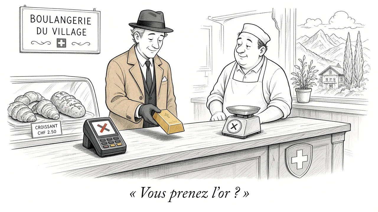 Satirical ink cartoon: in a Swiss bakery, a customer in a camel coat pays for a croissant with a gold bar, the card terminal shows an error.